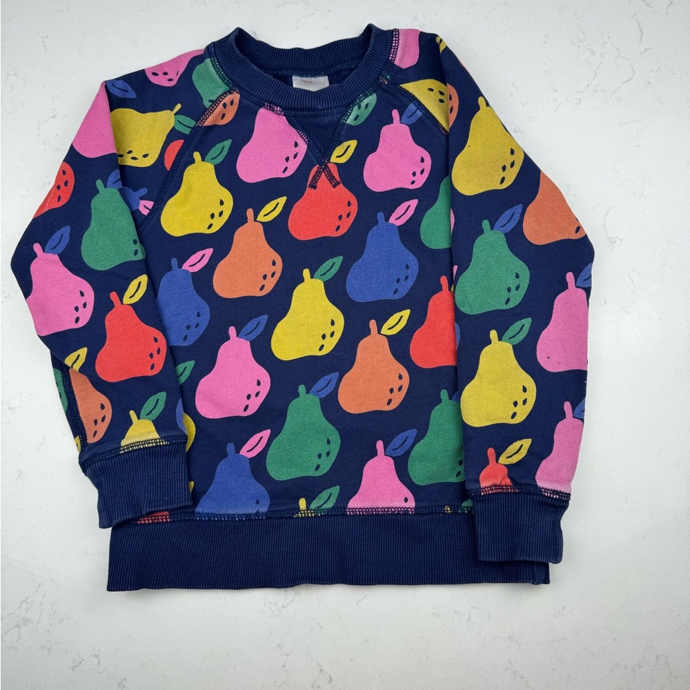 Hanna Andersson, French Terry sweatshirt, navy, pears pattern. 110cm, US 5